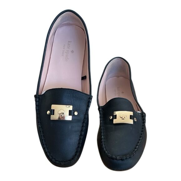 kate spade Shoes - Kate Spade Carmen Women's Black Leather Slip On Loafer Gold Accents 10B